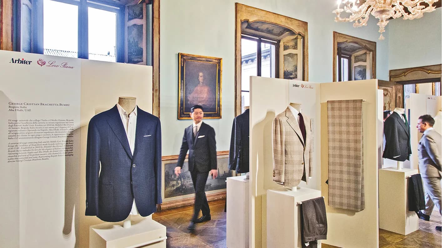Bespoke tailoring exhibited in the ornate rooms of Milano su Misura